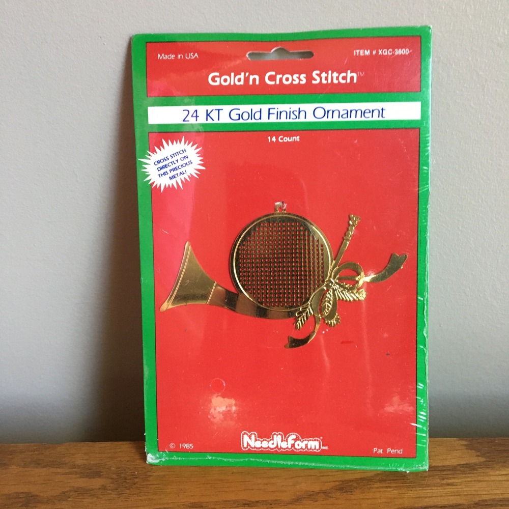 NeedleForm Gold'n Cross Stitch Ornament‎ Gold New 24KT French Horn 1985